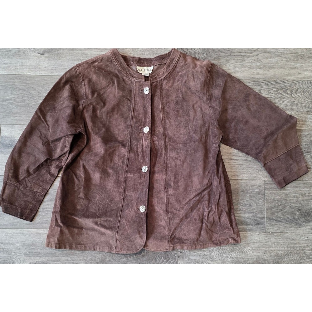 David Dart Women 1X Jacket Brown Suede Leather Button Front Collarless Vintage